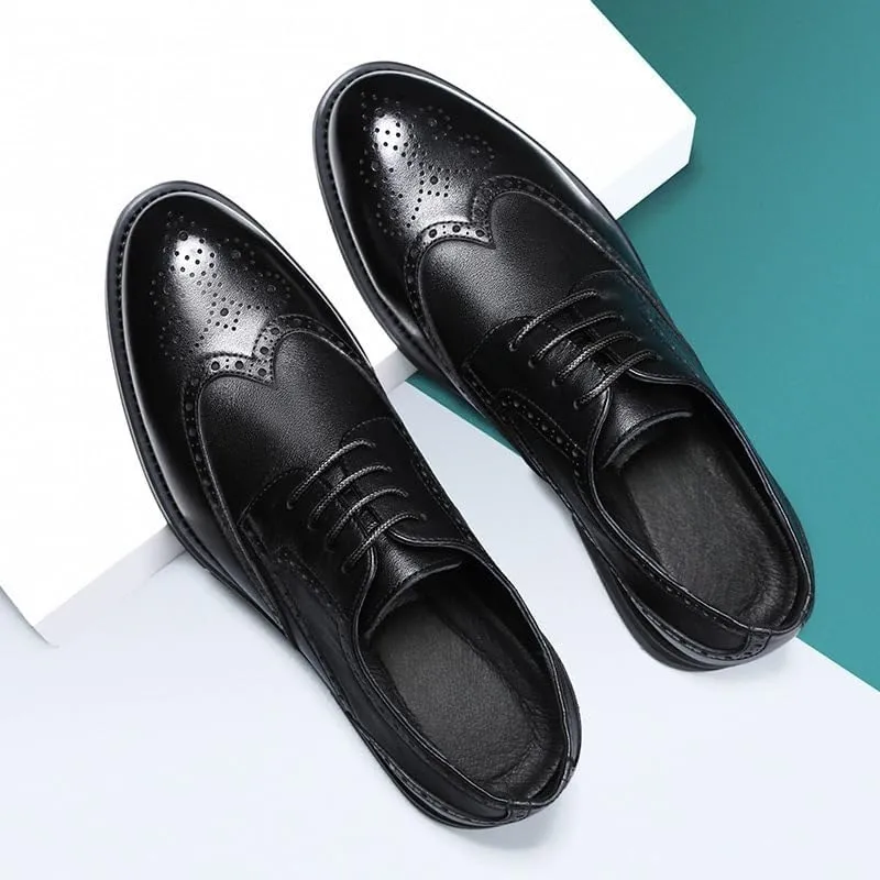 Dress Oxford Shoes for Men Lace Up Round Burnished Toe Brogue Embossed Wing tip Vegan Leather Low Top Non Slip Resistant Block Heel Rubber Sole