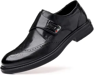 Dress Oxford Shoes for Men Slip On Monk Strap Burnished Toe Brogue Embossed Vegan Leather Rubber Sole Non Slip Resistant Block Heel Working