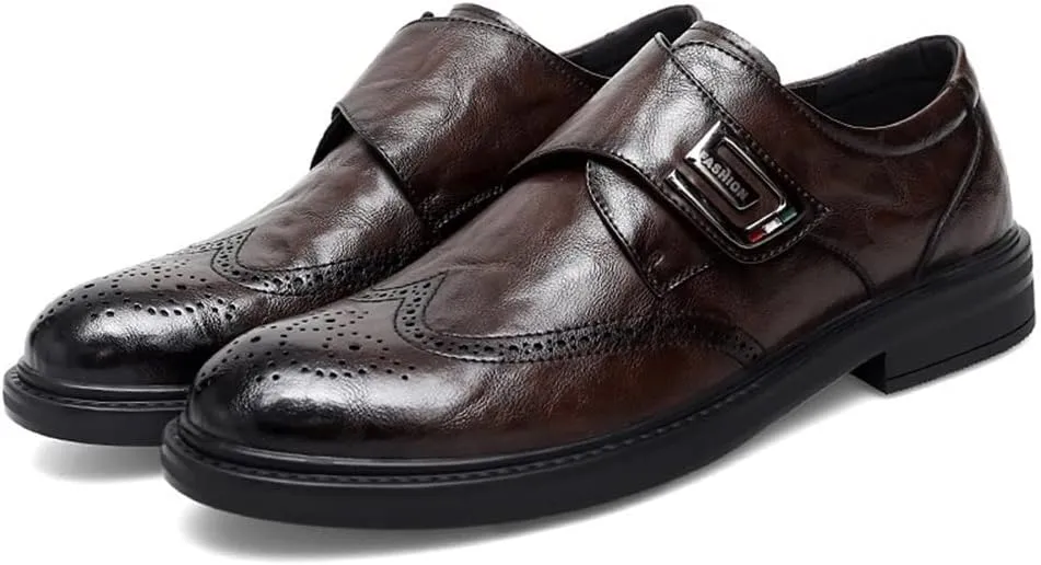 Dress Oxford Shoes for Men Slip On Monk Strap Burnished Toe Brogue Embossed Vegan Leather Rubber Sole Non Slip Resistant Block Heel Working