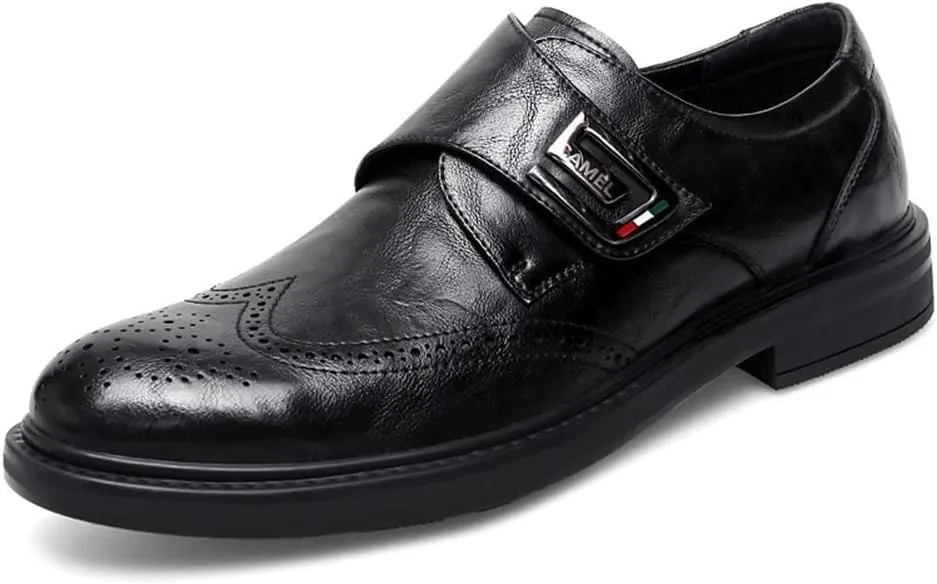 Dress Oxford Shoes for Men Slip On Monk Strap Burnished Toe Brogue Embossed Vegan Leather Rubber Sole Non Slip Resistant Block Heel Working
