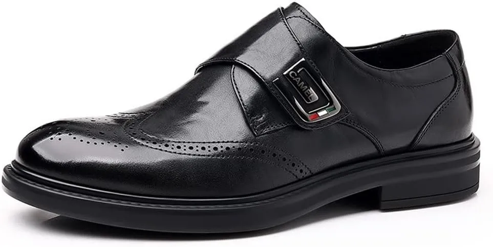 Dress Oxford Shoes for Men Slip On Monk Strap Burnished Toe Brogue Embossed Vegan Leather Rubber Sole Non Slip Resistant Block Heel Working
