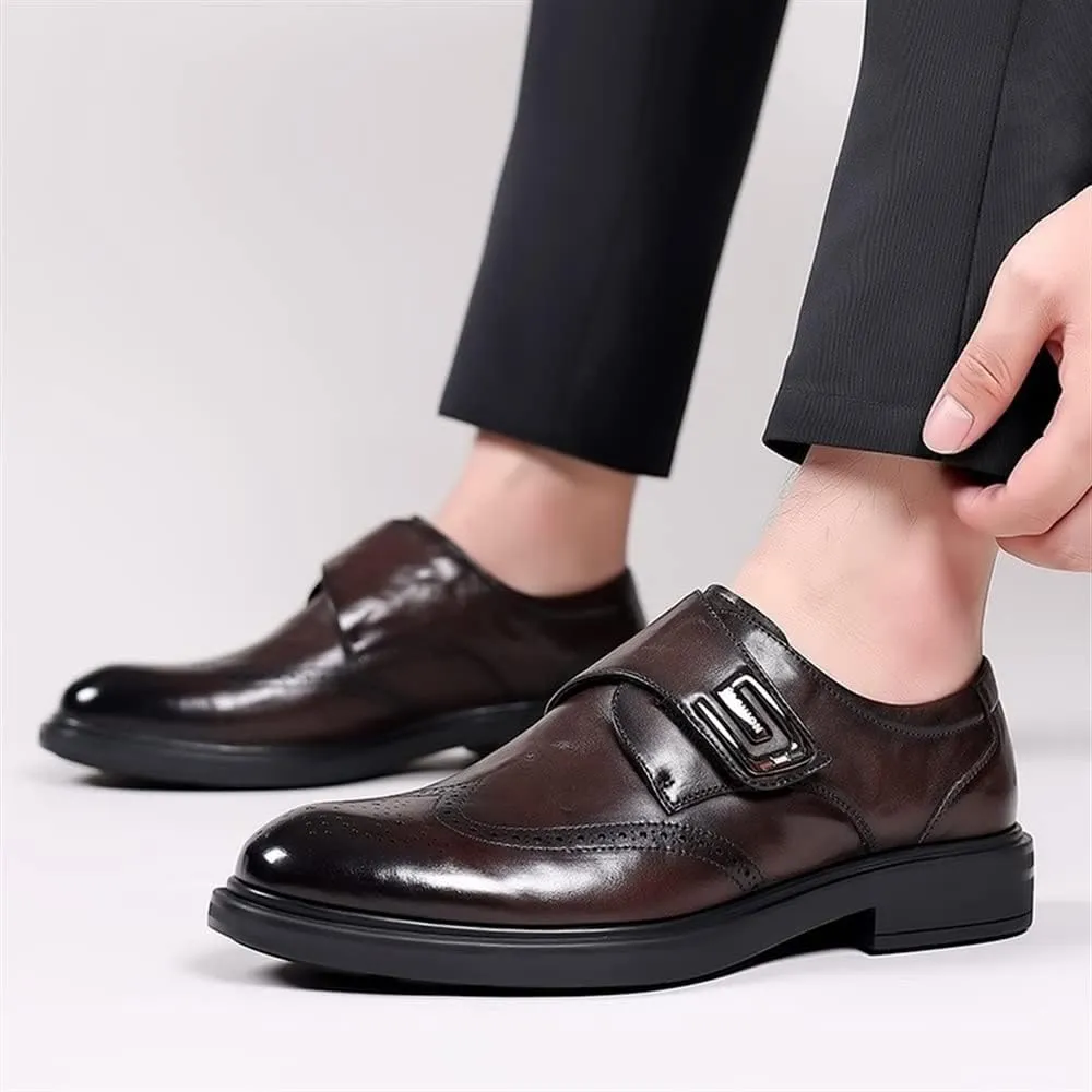 Dress Oxford Shoes for Men Slip On Monk Strap Burnished Toe Brogue Embossed Vegan Leather Rubber Sole Non Slip Resistant Block Heel Working