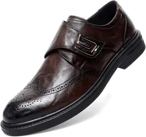 Dress Oxford Shoes for Men Slip On Monk Strap Burnished Toe Brogue Embossed Vegan Leather Rubber Sole Non Slip Resistant Block Heel Working