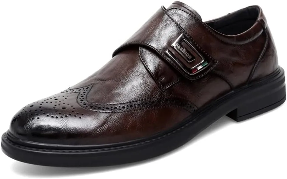 Dress Oxford Shoes for Men Slip On Monk Strap Burnished Toe Brogue Embossed Vegan Leather Rubber Sole Non Slip Resistant Block Heel Working