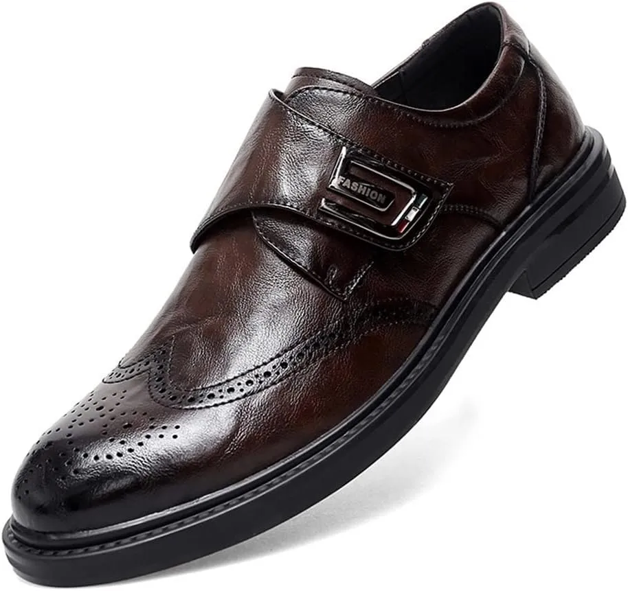 Dress Oxford Shoes for Men Slip On Monk Strap Burnished Toe Brogue Embossed Vegan Leather Rubber Sole Non Slip Resistant Block Heel Working
