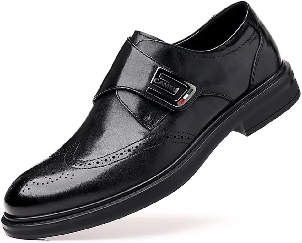 Dress Oxford Shoes for Men Slip On Monk Strap Burnished Toe Brogue Embossed Vegan Leather Rubber Sole Non Slip Resistant Block Heel Working