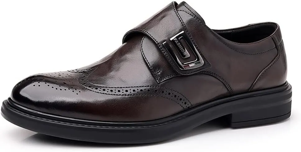 Dress Oxford Shoes for Men Slip On Monk Strap Burnished Toe Brogue Embossed Vegan Leather Rubber Sole Non Slip Resistant Block Heel Working