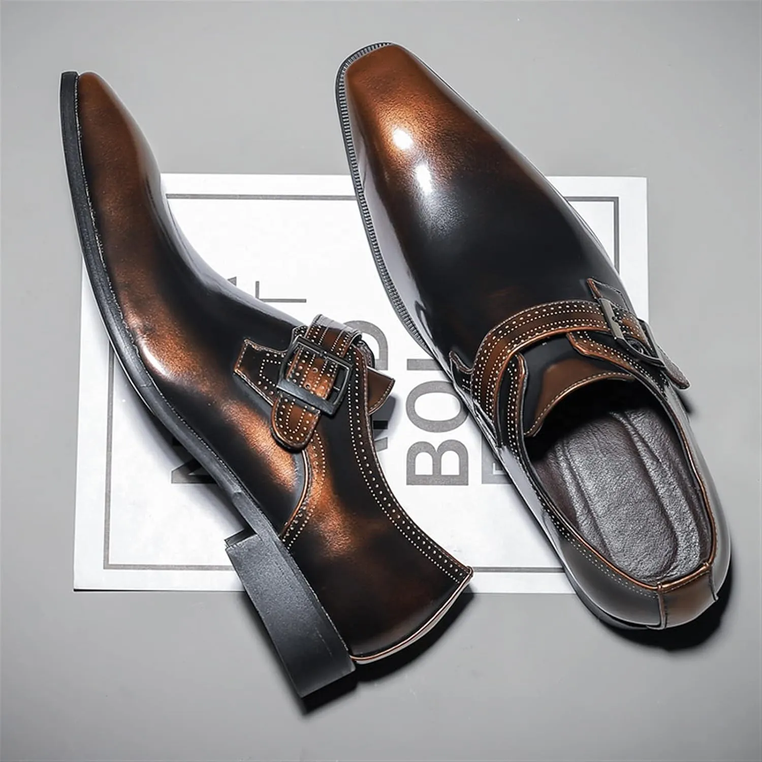 Dress Oxford Shoes for Men Slip On Monk Strap Squre Toe Vegan Leather Rubber Sole Block Heel Slip Resistant Casual