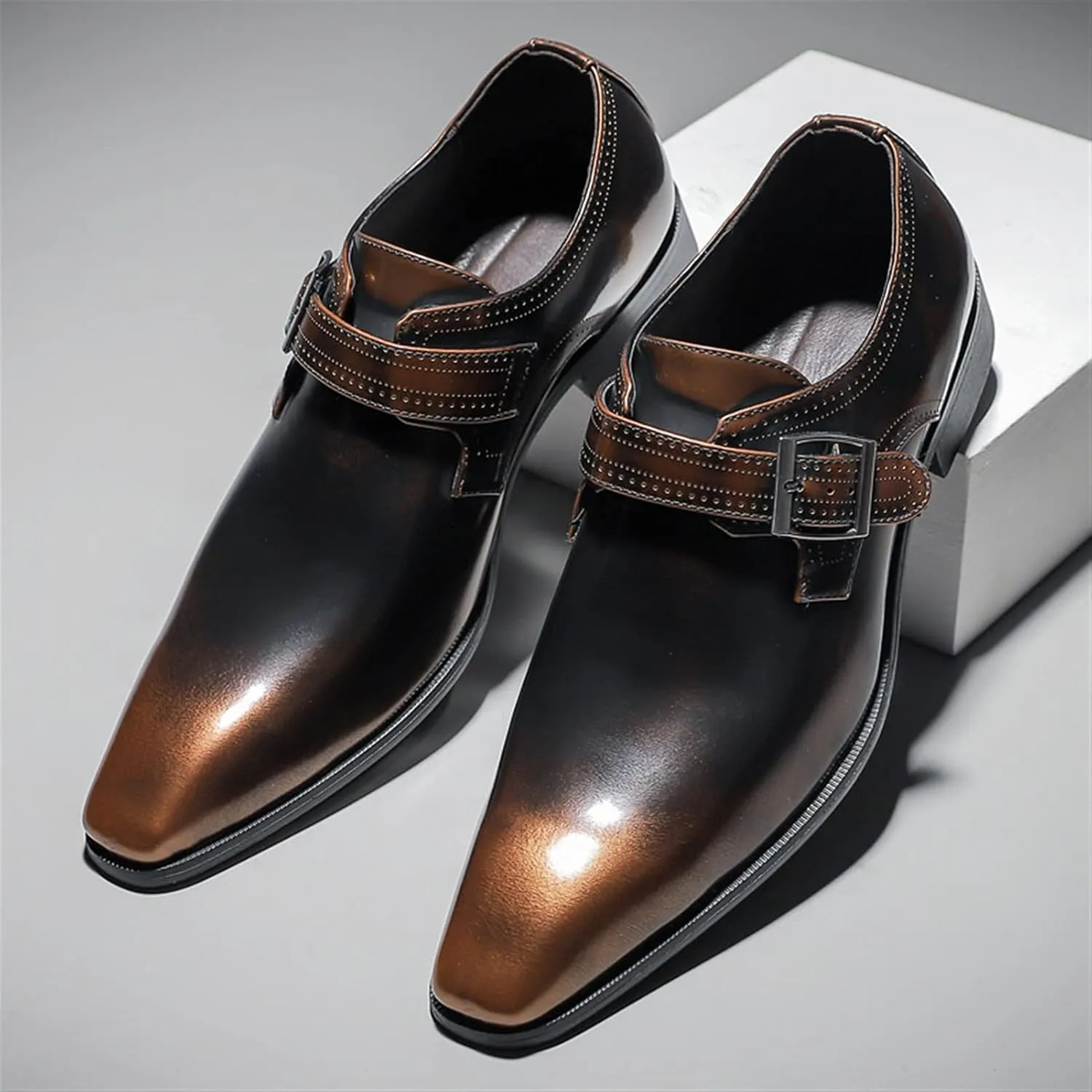 Dress Oxford Shoes for Men Slip On Monk Strap Squre Toe Vegan Leather Rubber Sole Block Heel Slip Resistant Casual