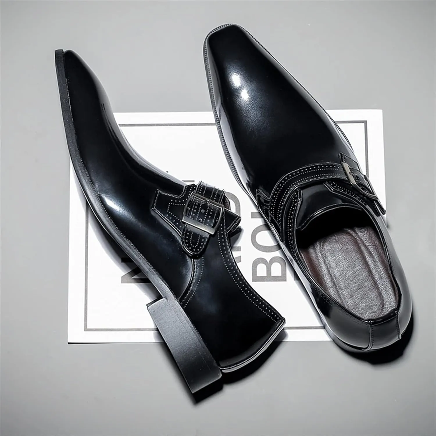 Dress Oxford Shoes for Men Slip On Monk Strap Squre Toe Vegan Leather Rubber Sole Block Heel Slip Resistant Casual