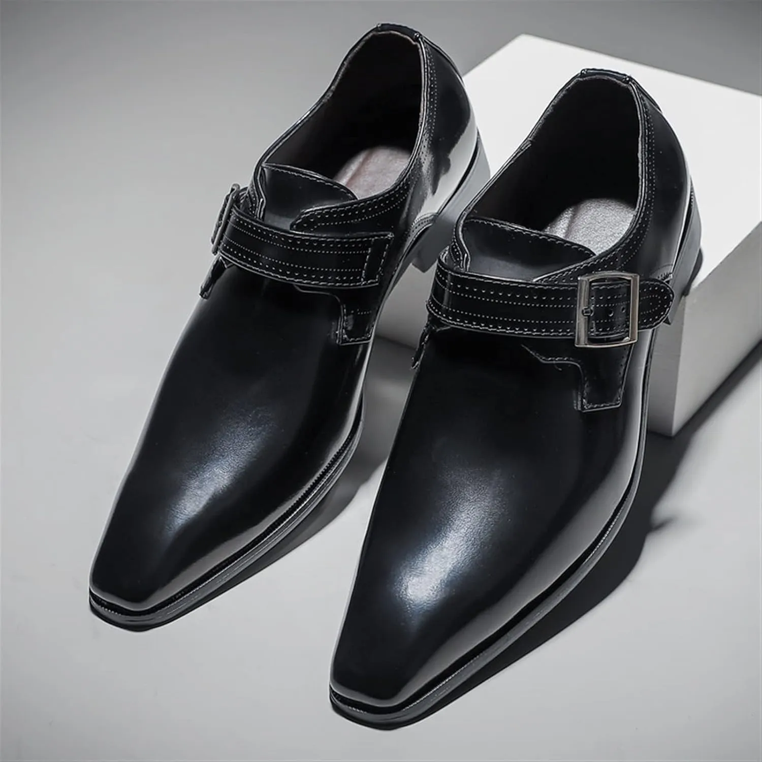 Dress Oxford Shoes for Men Slip On Monk Strap Squre Toe Vegan Leather Rubber Sole Block Heel Slip Resistant Casual