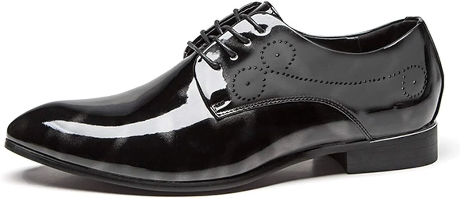 Dress Shoes Men Pointed Toe Floral Patent Leather Lace Up Oxford Fashion Formal Shoes Black Blue Red