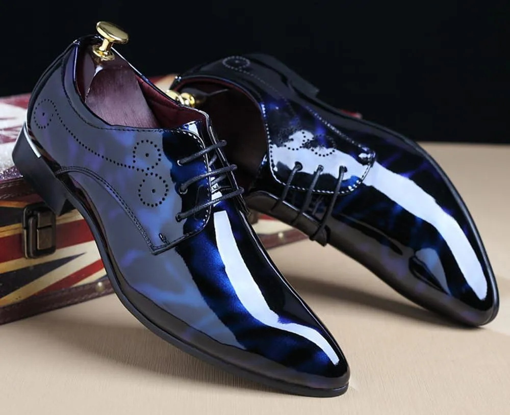 Dress Shoes Men Pointed Toe Floral Patent Leather Lace Up Oxford Fashion Formal Shoes Black Blue Red