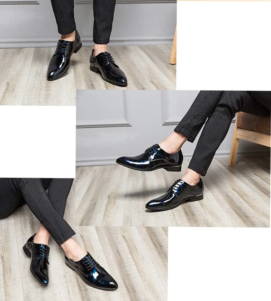 Dress Shoes Men Pointed Toe Floral Patent Leather Lace Up Oxford Fashion Formal Shoes Black Blue Red