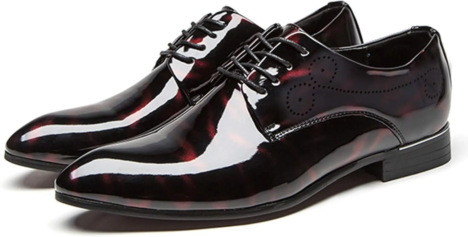 Dress Shoes Men Pointed Toe Floral Patent Leather Lace Up Oxford Fashion Formal Shoes Black Blue Red