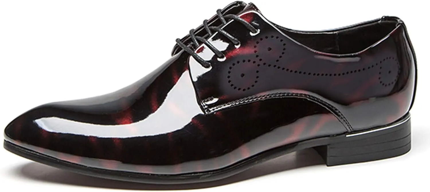 Dress Shoes Men Pointed Toe Floral Patent Leather Lace Up Oxford Fashion Formal Shoes Black Blue Red