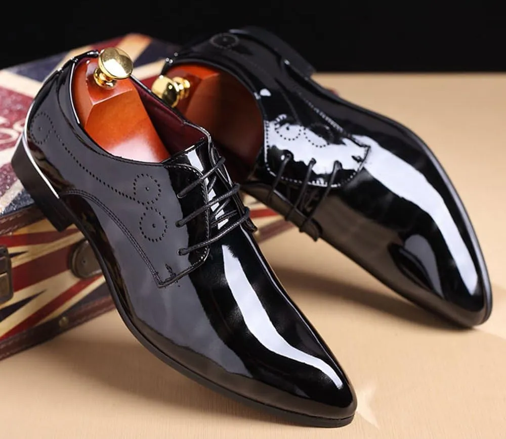Dress Shoes Men Pointed Toe Floral Patent Leather Lace Up Oxford Fashion Formal Shoes Black Blue Red