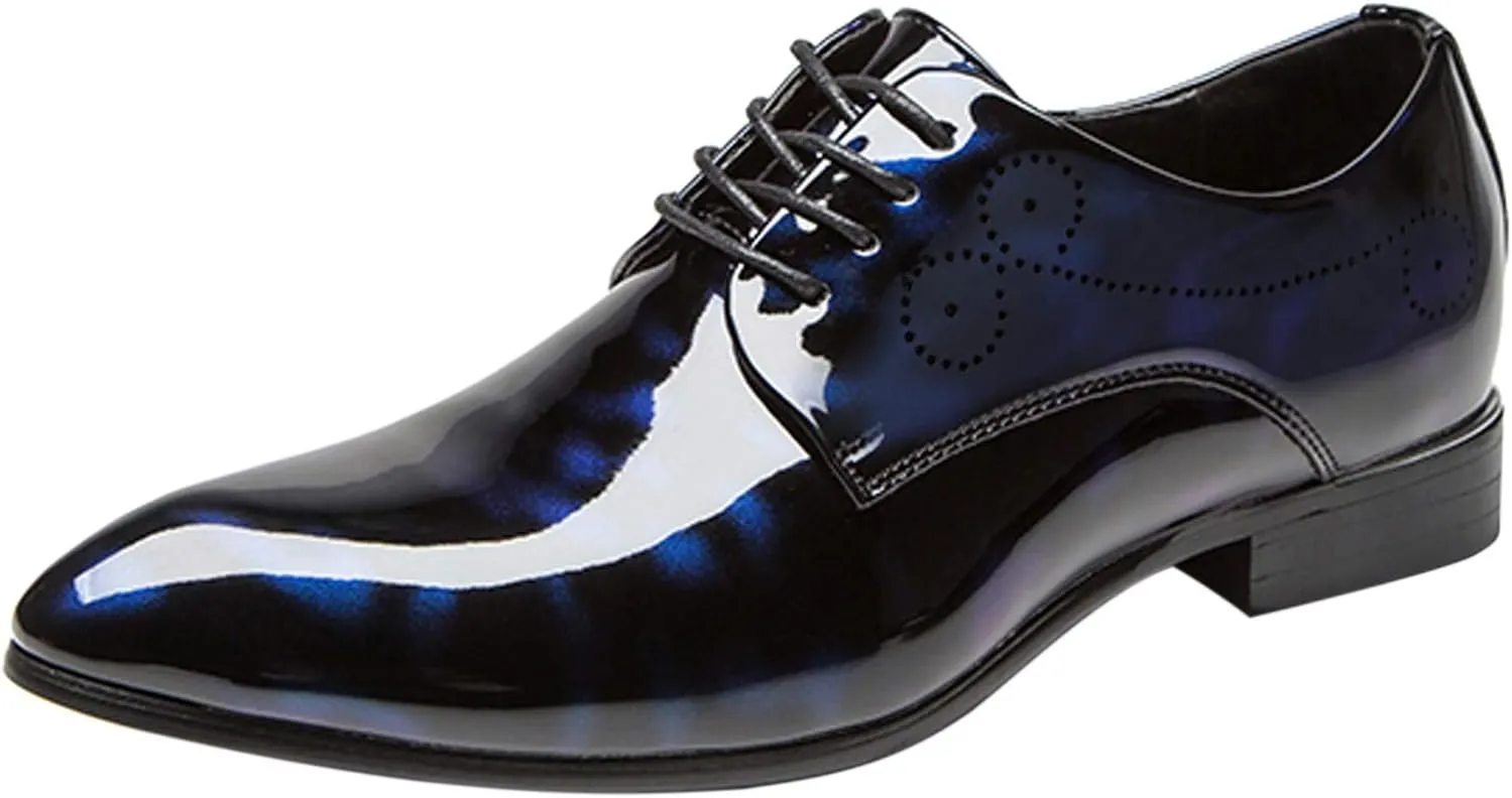 Dress Shoes Men Pointed Toe Floral Patent Leather Lace Up Oxford Fashion Formal Shoes Black Blue Red