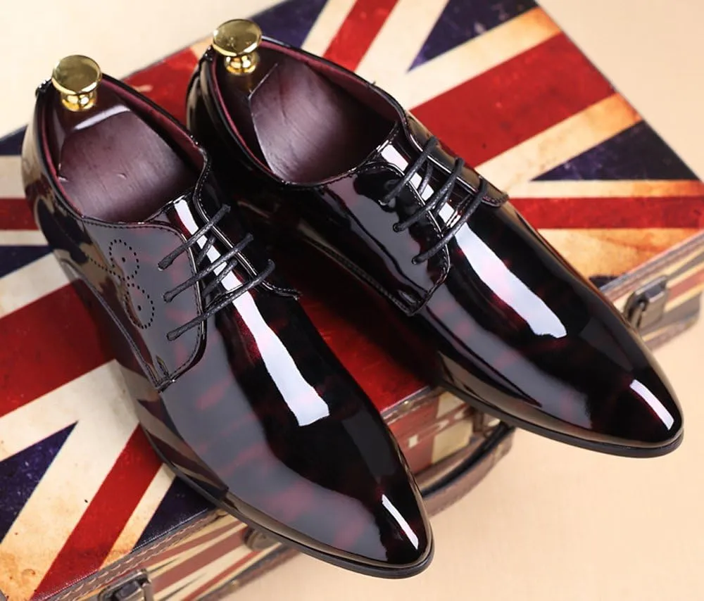 Dress Shoes Men Pointed Toe Floral Patent Leather Lace Up Oxford Fashion Formal Shoes Black Blue Red