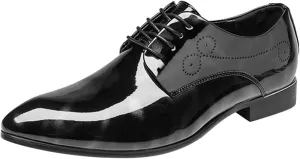Dress Shoes Men Pointed Toe Floral Patent Leather Lace Up Oxford Fashion Formal Shoes Black Blue Red