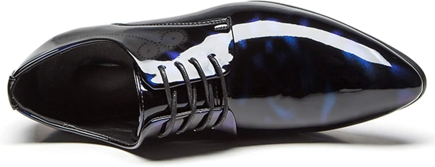 Dress Shoes Men Pointed Toe Floral Patent Leather Lace Up Oxford Fashion Formal Shoes Black Blue Red