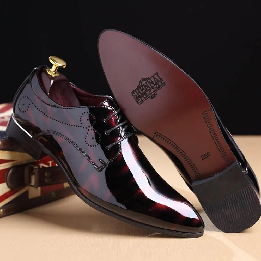 Dress Shoes Men Pointed Toe Floral Patent Leather Lace Up Oxford Fashion Formal Shoes Black Blue Red