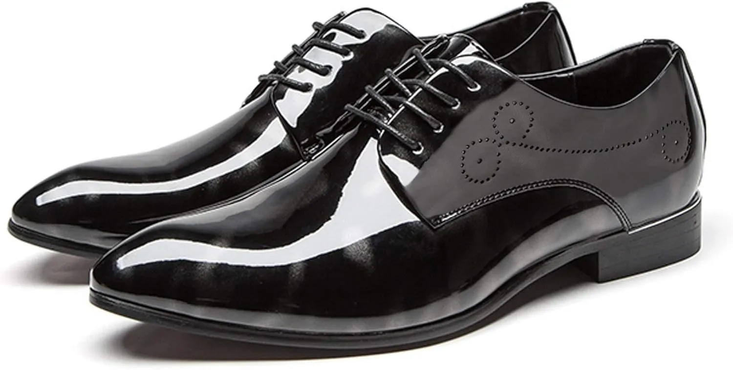 Dress Shoes Men Pointed Toe Floral Patent Leather Lace Up Oxford Fashion Formal Shoes Black Blue Red