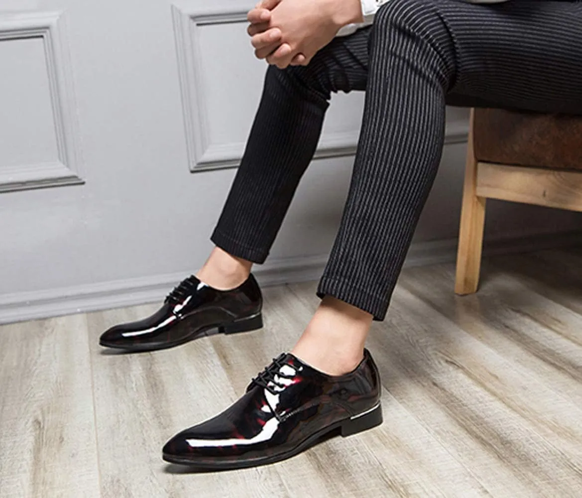 Dress Shoes Men Pointed Toe Floral Patent Leather Lace Up Oxford Fashion Formal Shoes Black Blue Red