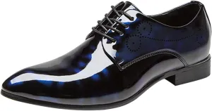Dress Shoes Men Pointed Toe Floral Patent Leather Lace Up Oxford Fashion Formal Shoes Black Blue Red