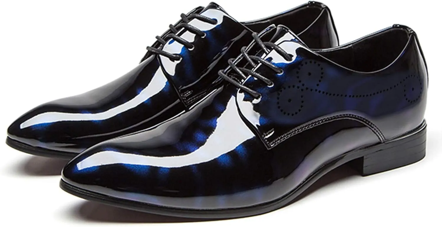 Dress Shoes Men Pointed Toe Floral Patent Leather Lace Up Oxford Fashion Formal Shoes Black Blue Red