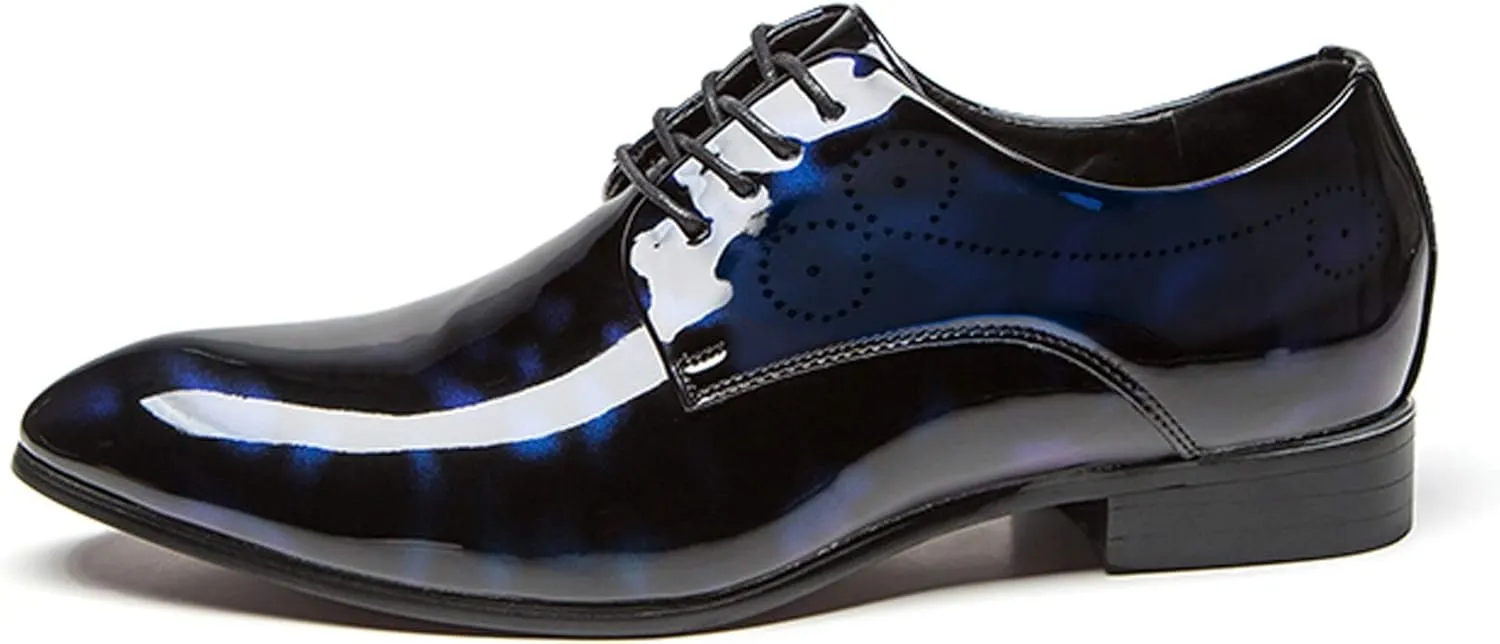Dress Shoes Men Pointed Toe Floral Patent Leather Lace Up Oxford Fashion Formal Shoes Black Blue Red