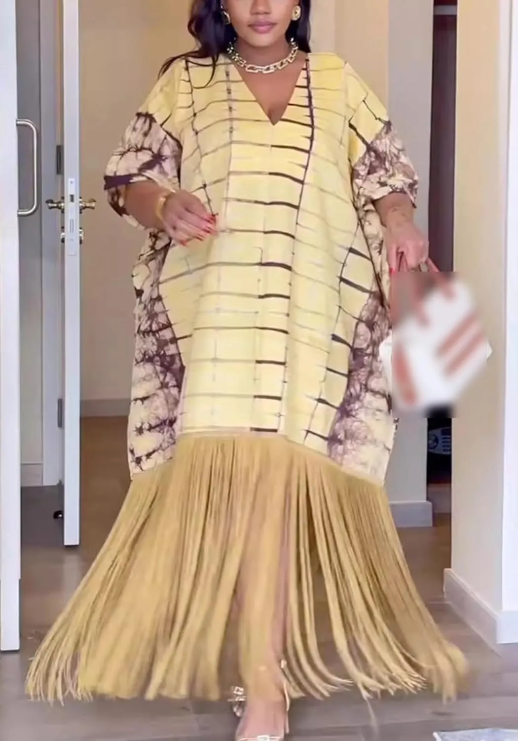 Ecirod Women Plus Size African Fringe Midi Dress Summer Casual Vacation V Neck Batwing Short Sleeve T Shirt Dresses