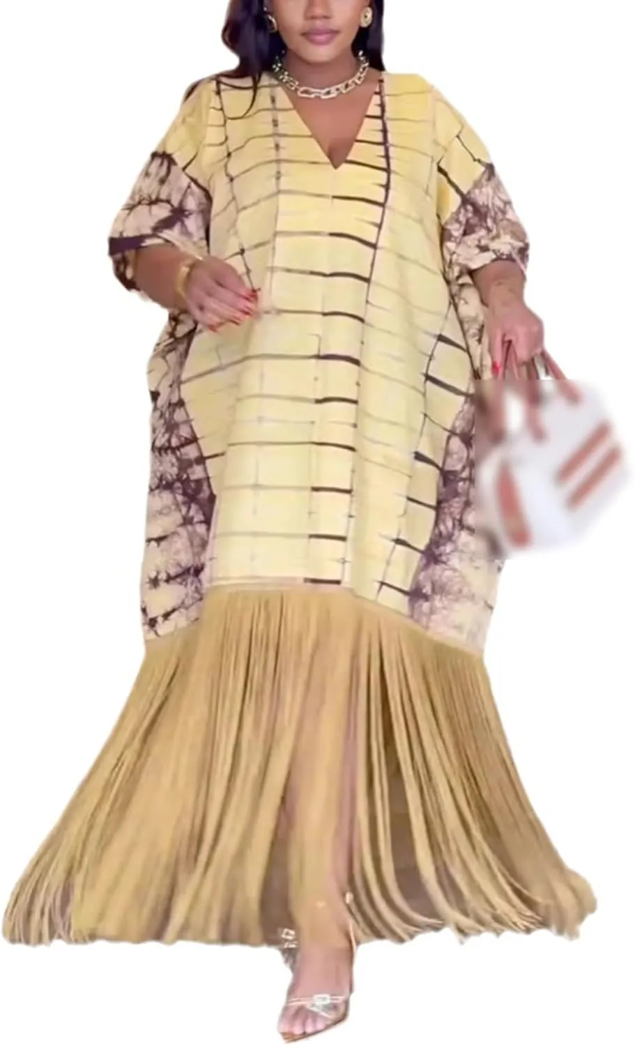 Ecirod Women Plus Size African Fringe Midi Dress Summer Casual Vacation V Neck Batwing Short Sleeve T Shirt Dresses