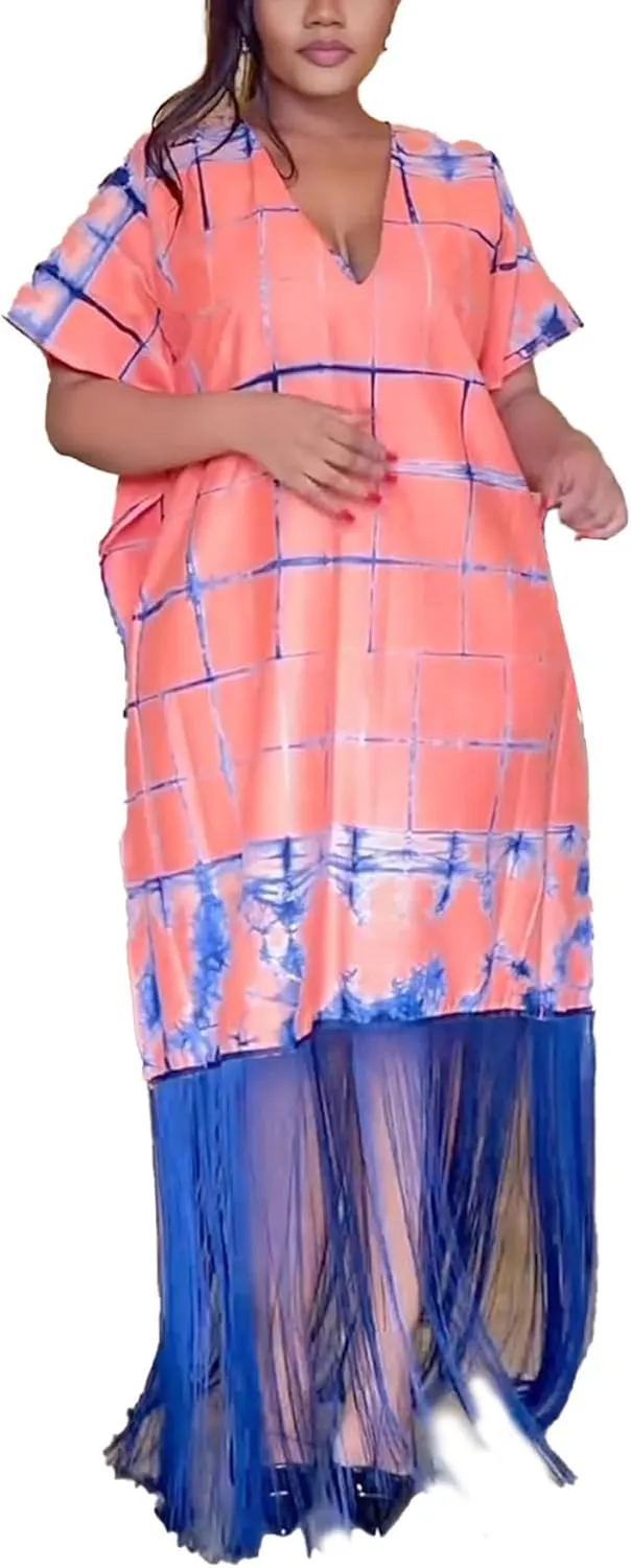 Ecirod Women Plus Size African Fringe Midi Dress Summer Casual Vacation V Neck Batwing Short Sleeve T Shirt Dresses