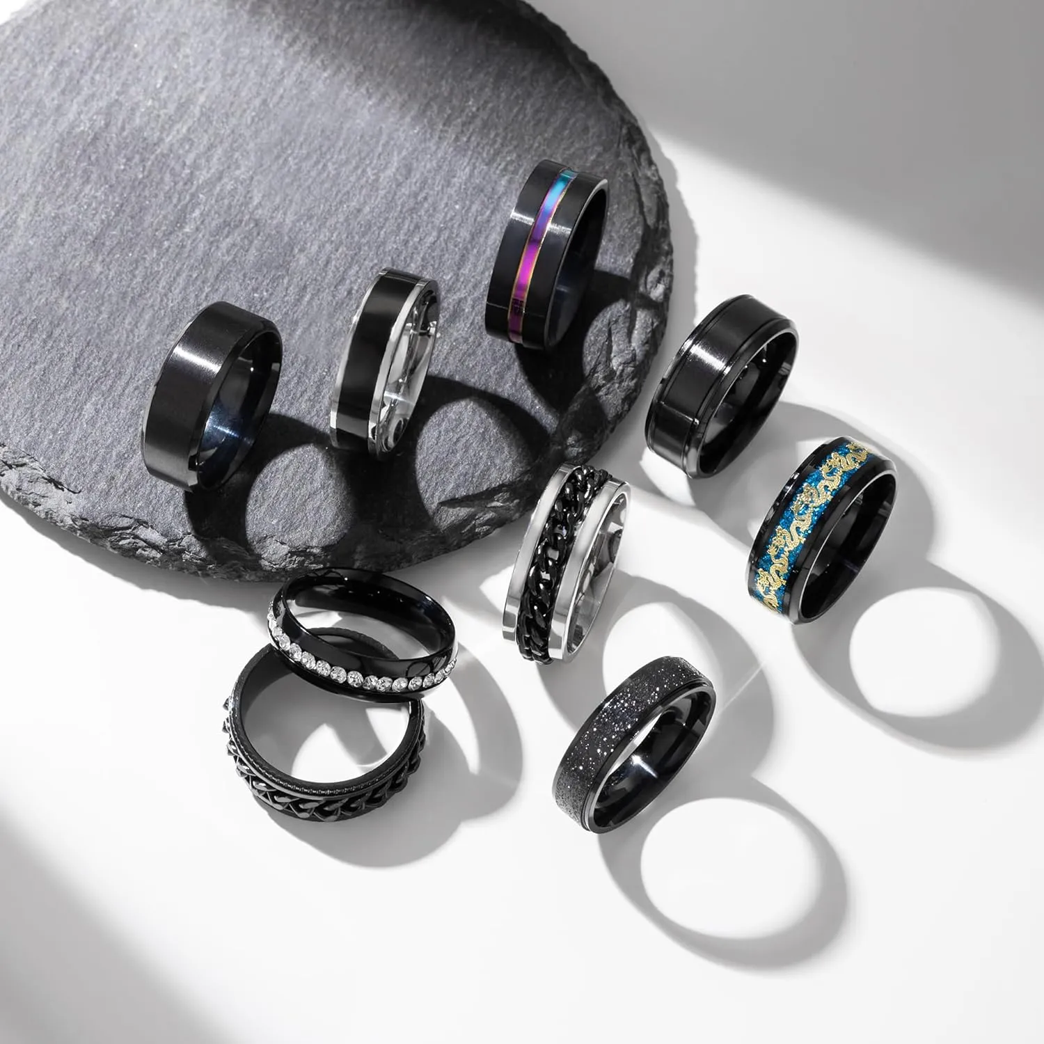 EIELO 9Pcs Stainless Steel Band Rings for Men Women Cool Fidget Spinning Chain Ring Anxiety Relief Fashion Simple Wedding Engagement Black Ring Set