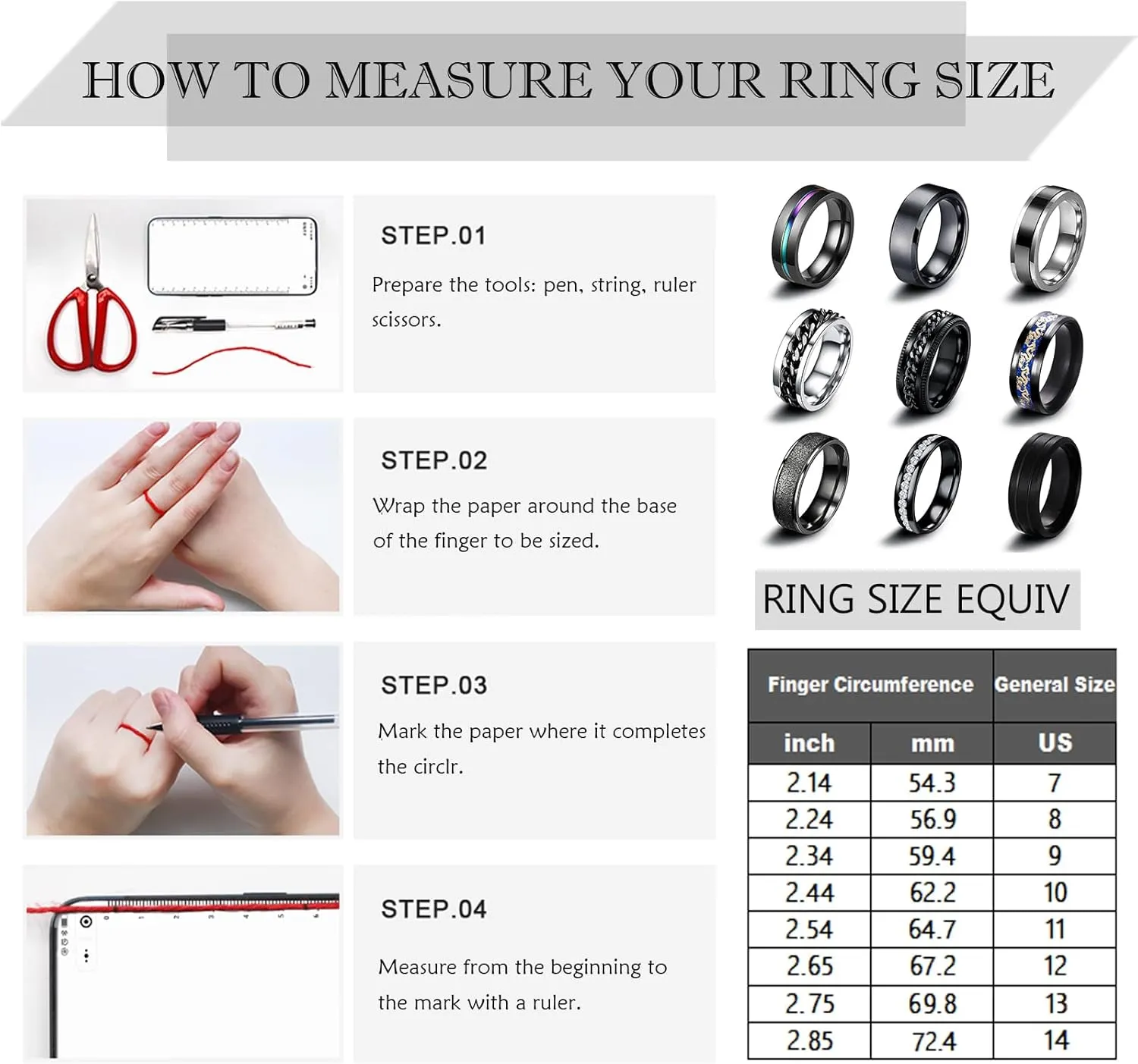 EIELO 9Pcs Stainless Steel Band Rings for Men Women Cool Fidget Spinning Chain Ring Anxiety Relief Fashion Simple Wedding Engagement Black Ring Set