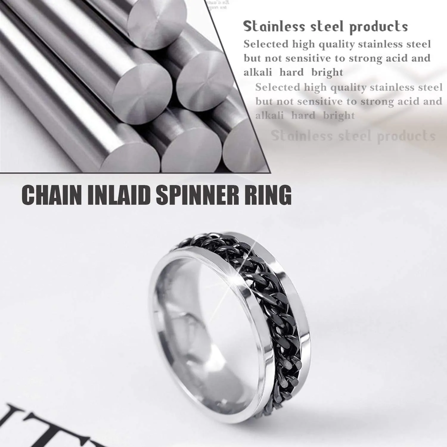 EIELO 9Pcs Stainless Steel Band Rings for Men Women Cool Fidget Spinning Chain Ring Anxiety Relief Fashion Simple Wedding Engagement Black Ring Set