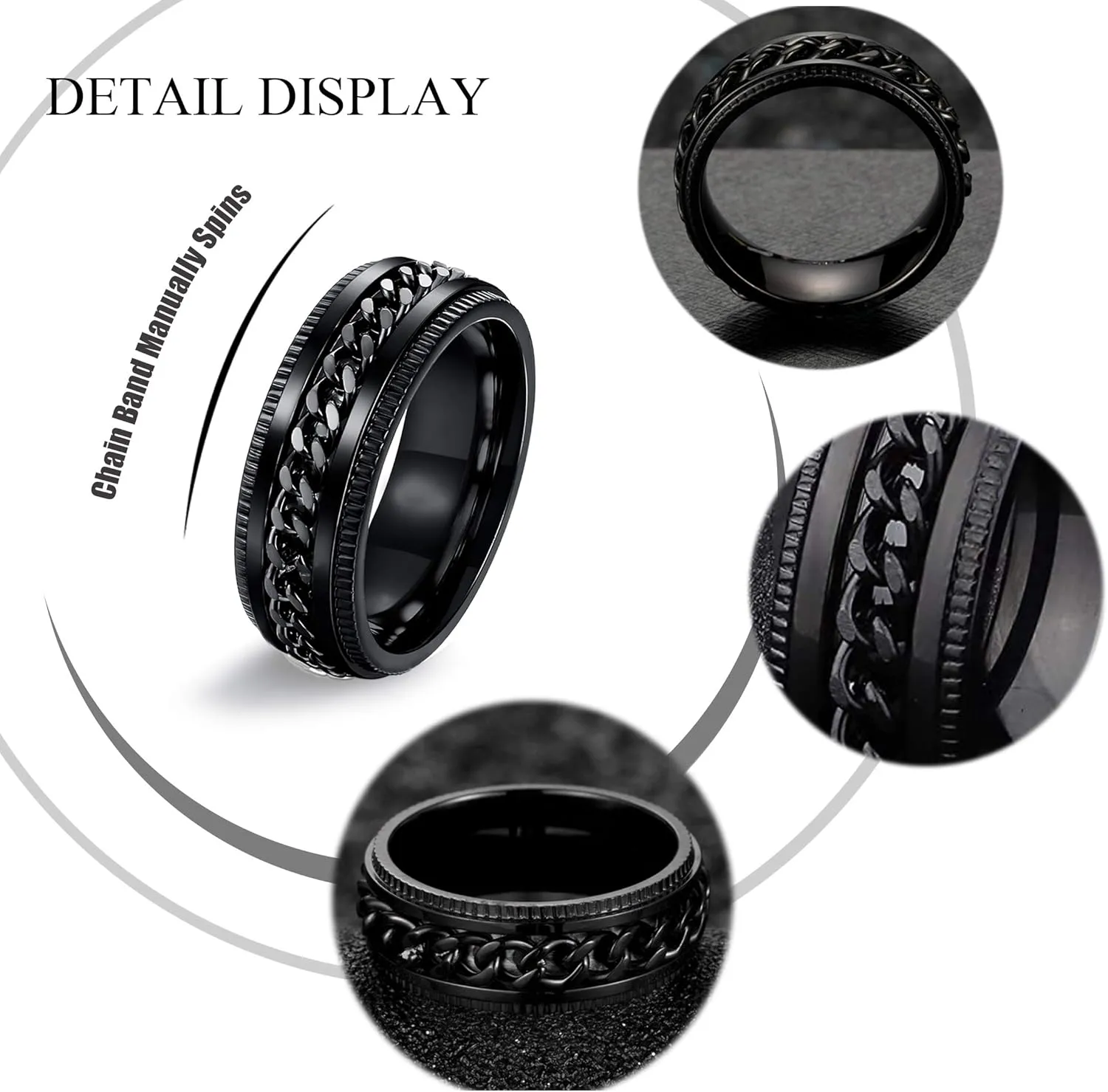 EIELO 9Pcs Stainless Steel Band Rings for Men Women Cool Fidget Spinning Chain Ring Anxiety Relief Fashion Simple Wedding Engagement Black Ring Set