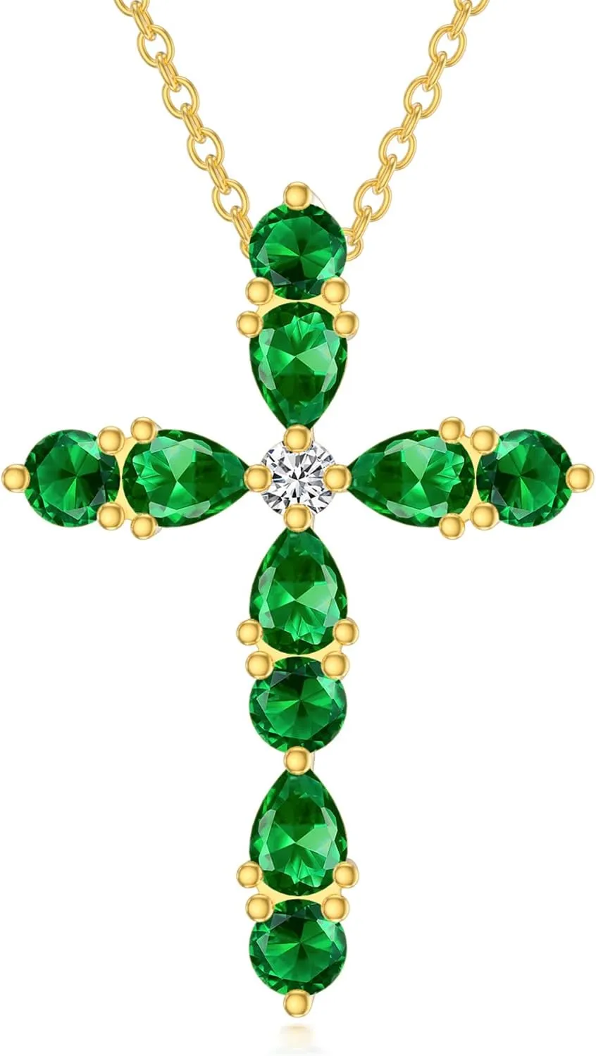 Emerald Necklaces for Women 18K Gold Plated Silver Cross Green Emerald Pendant Necklaces, May Birthstone 16 2"