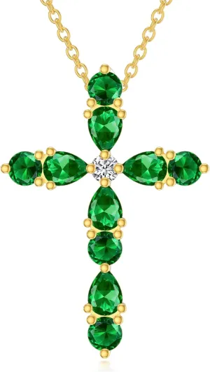 Emerald Necklaces for Women 18K Gold Plated Silver Cross Green Emerald Pendant Necklaces, May Birthstone 16 2"