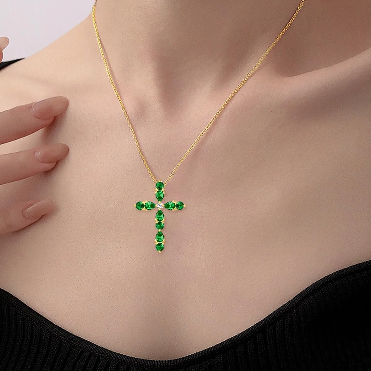 Emerald Necklaces for Women 18K Gold Plated Silver Cross Green Emerald Pendant Necklaces, May Birthstone 16 2"