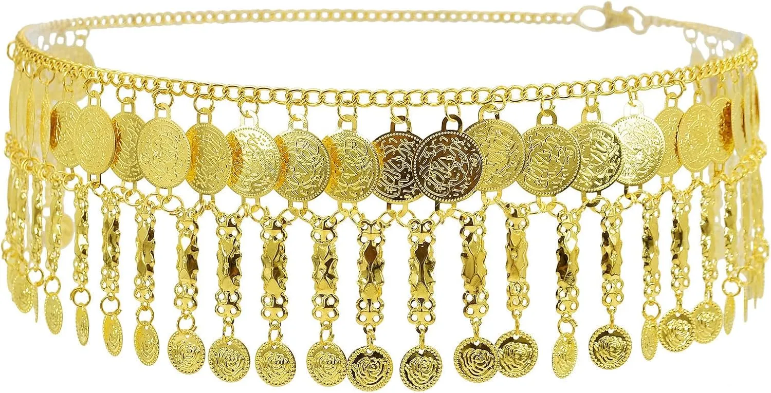 Ethnic Gold Silver Coin Tassel Waist Chains for Women, Dance Beach Party Belly Body Chains,Retro Sexy Dress Jewelry Accessories Adjustable Belt Chains Gift