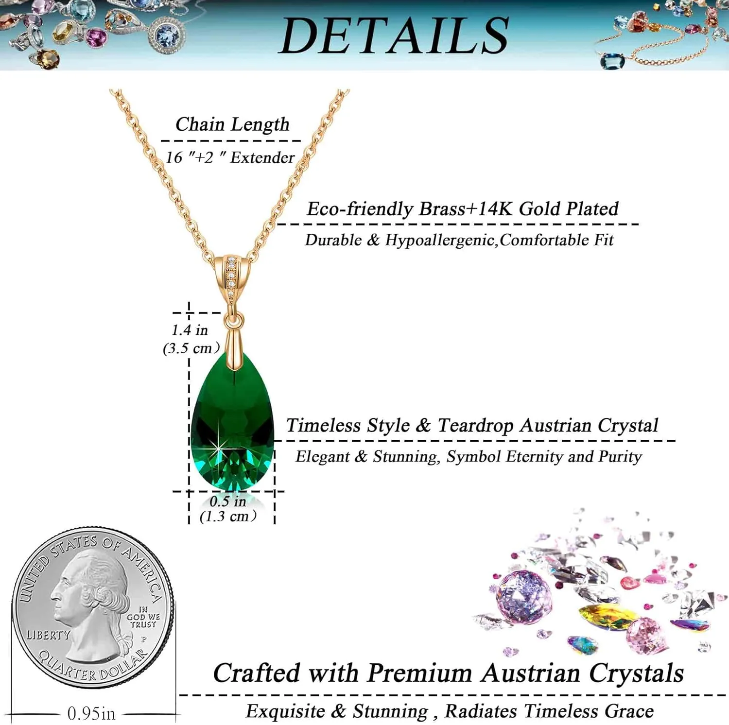 EVEVIC Austrian Crystals Teardrop Pendant Necklace for Women 14K Gold Plated Eco-friendly Brass Hypoallergenic Jewelry