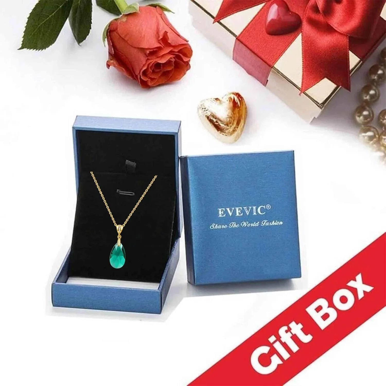 EVEVIC Austrian Crystals Teardrop Pendant Necklace for Women 14K Gold Plated Eco-friendly Brass Hypoallergenic Jewelry