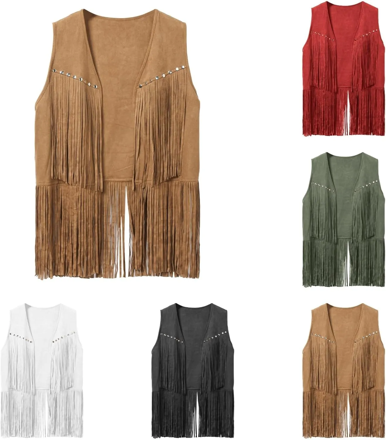 evzosrz Men's V Neck Fringe Sleeveless Studded Detail Fringe Trim Open Front Vest Party Club Sleeveless Tassel Tops Jacket
