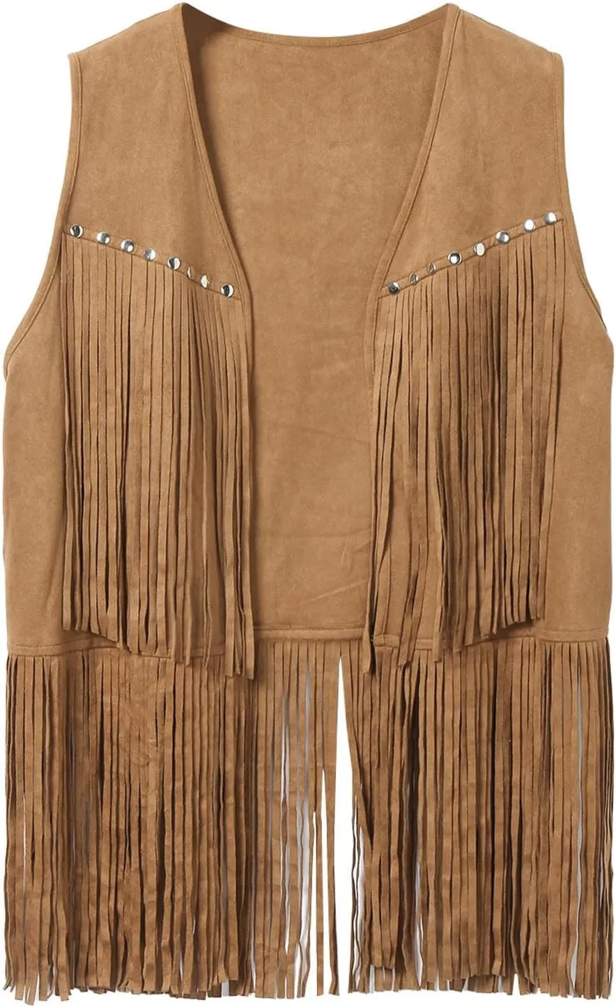 evzosrz Men's V Neck Fringe Sleeveless Studded Detail Fringe Trim Open Front Vest Party Club Sleeveless Tassel Tops Jacket