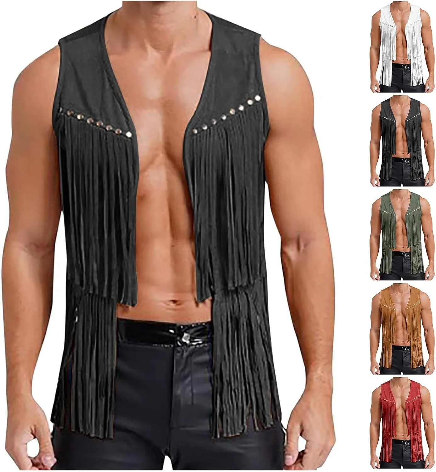 evzosrz Men's V Neck Fringe Sleeveless Studded Detail Fringe Trim Open Front Vest Party Club Sleeveless Tassel Tops Jacket