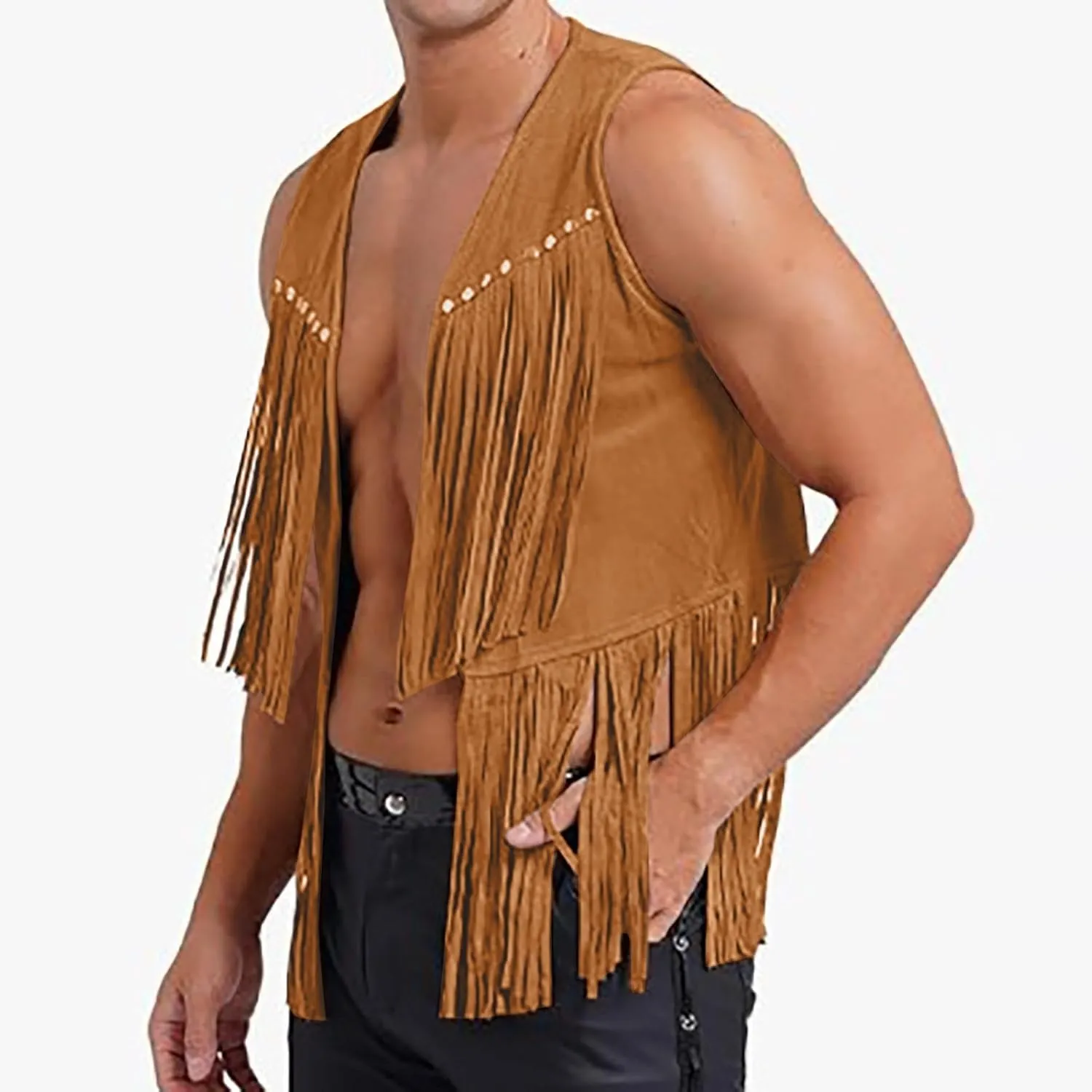 evzosrz Men's V Neck Fringe Sleeveless Studded Detail Fringe Trim Open Front Vest Party Club Sleeveless Tassel Tops Jacket