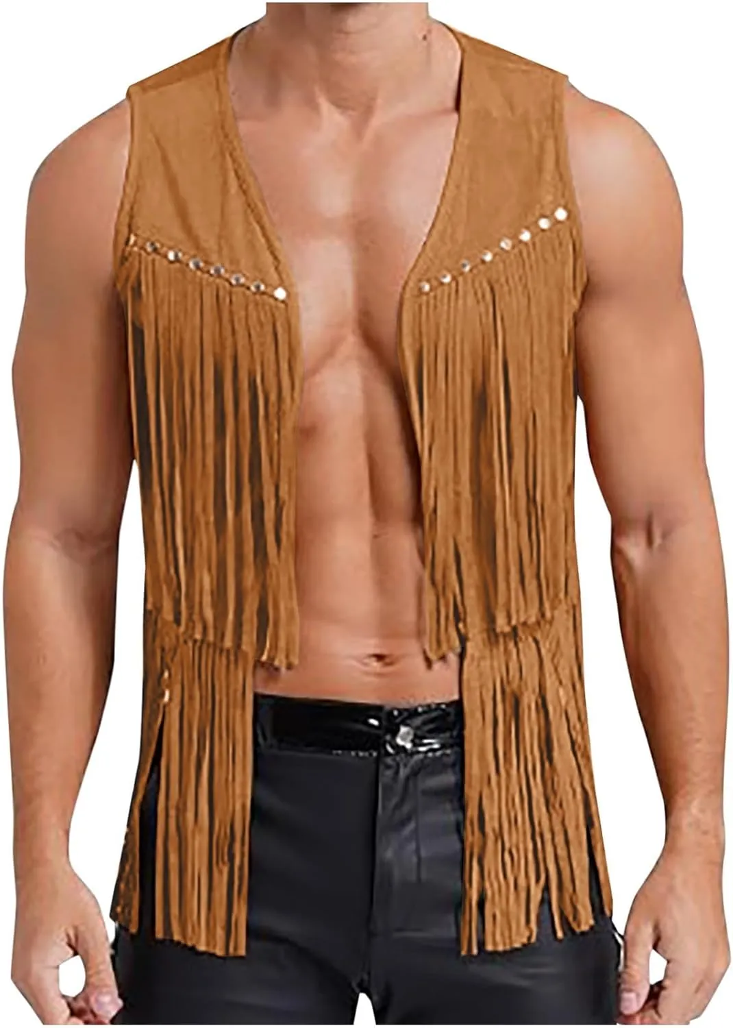 evzosrz Men's V Neck Fringe Sleeveless Studded Detail Fringe Trim Open Front Vest Party Club Sleeveless Tassel Tops Jacket