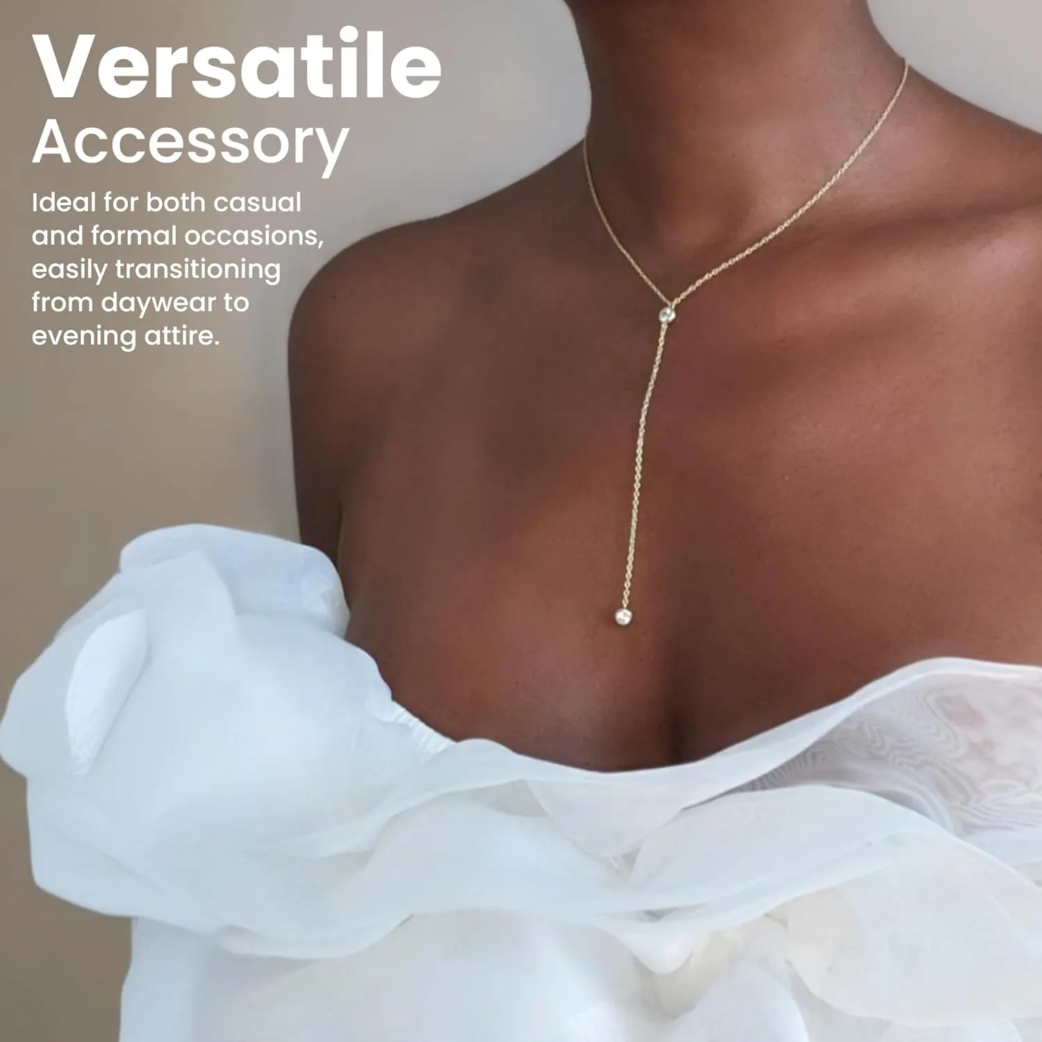 Faire de la Mode 14k Gold Plated Sterling Silver Lariat Necklace with 2 Cubic Zirconia in a 3.25" Dainty Drop Pendant, 16" - 19" Gold Plated Sterling Silver Long Necklace for Women